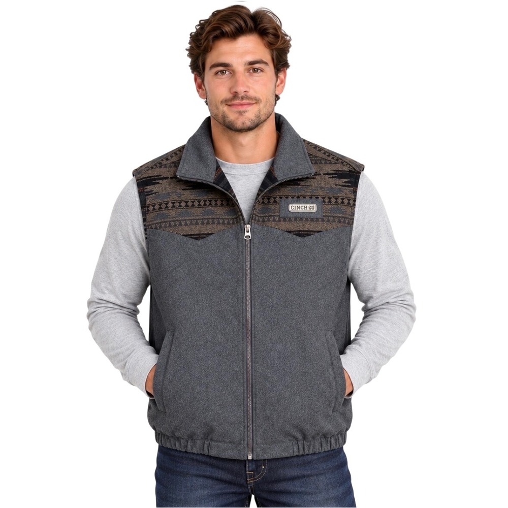 Cinch Mens Gray Wool Blend Southwestern Aztec Print Full Zip Vest MWV1543002 L